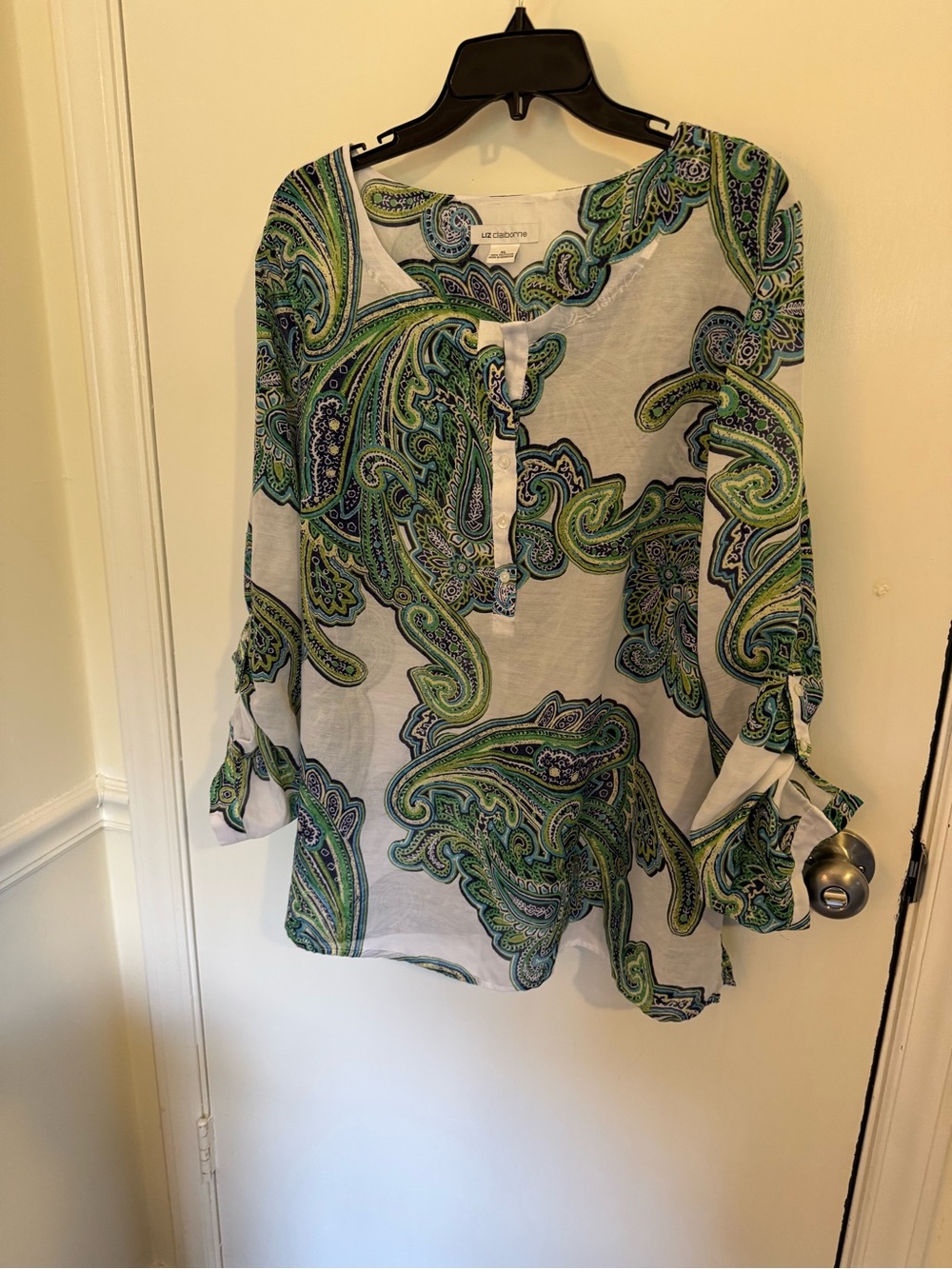 Liz Claiborne White Tunic with Green Paisley Print